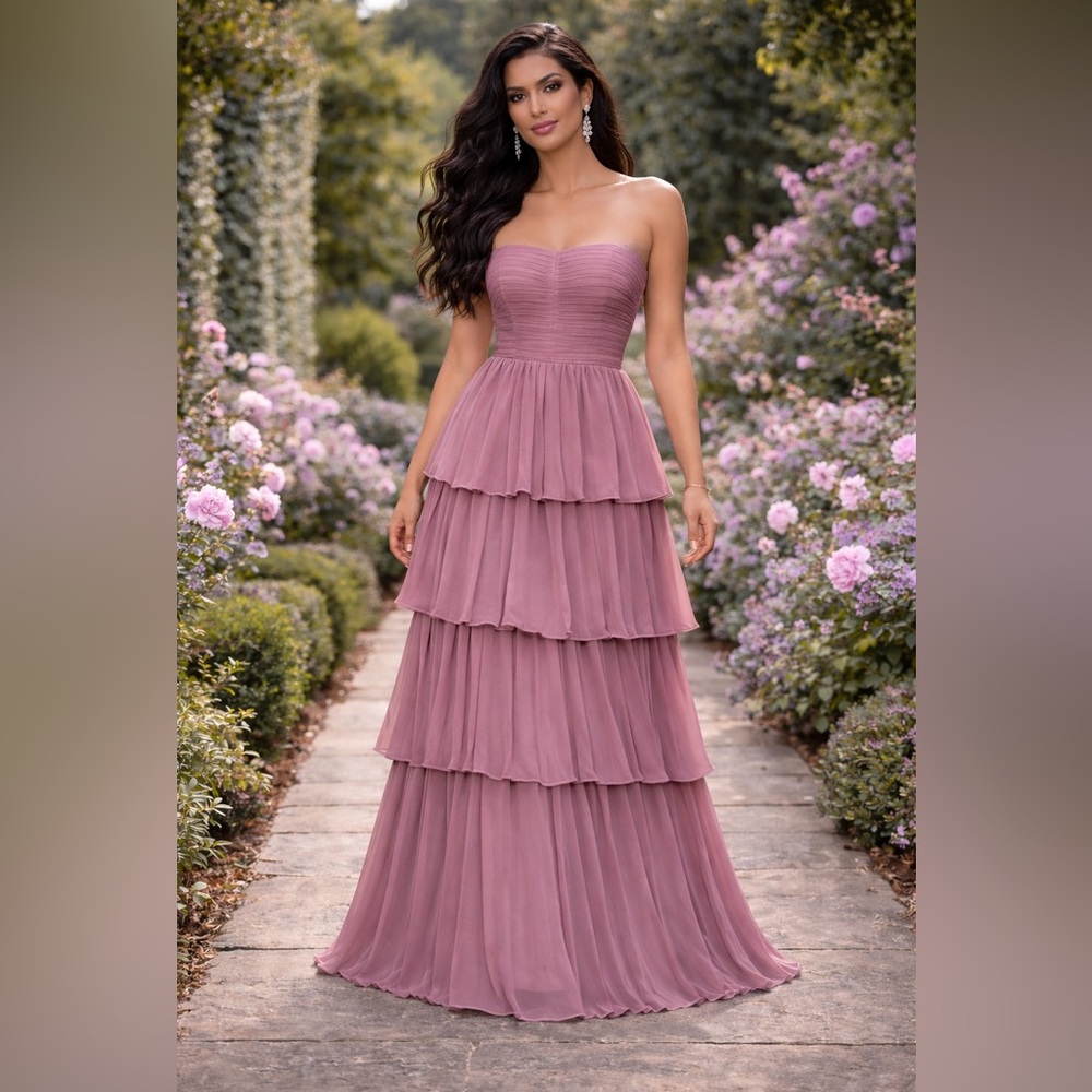Strapless Dusty Rose Mauve Tiered Chiffon Formal Gown Prom Wedding Size 12 NWOT